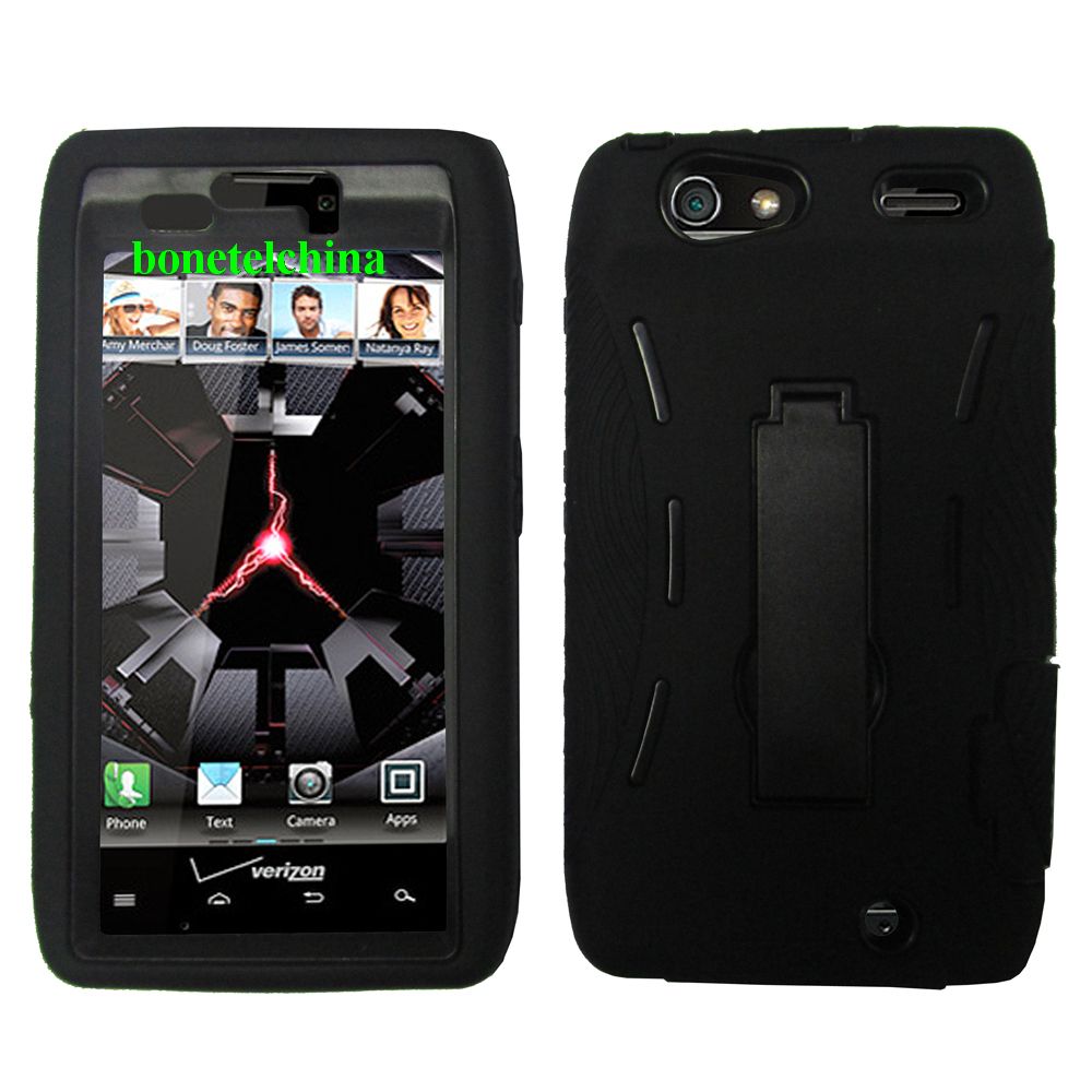 obot Defender Case Silicone+PC Anti Impact Hybrid Case Kickstand Shell for XT912 Droid RAZR MAXX black