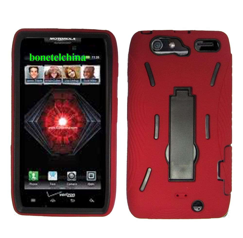 Robot Defender Case Silicone+PC Anti Impact Hybrid Case Kickstand Shell for Motorola Droid RAZR MAXX XT913 Red