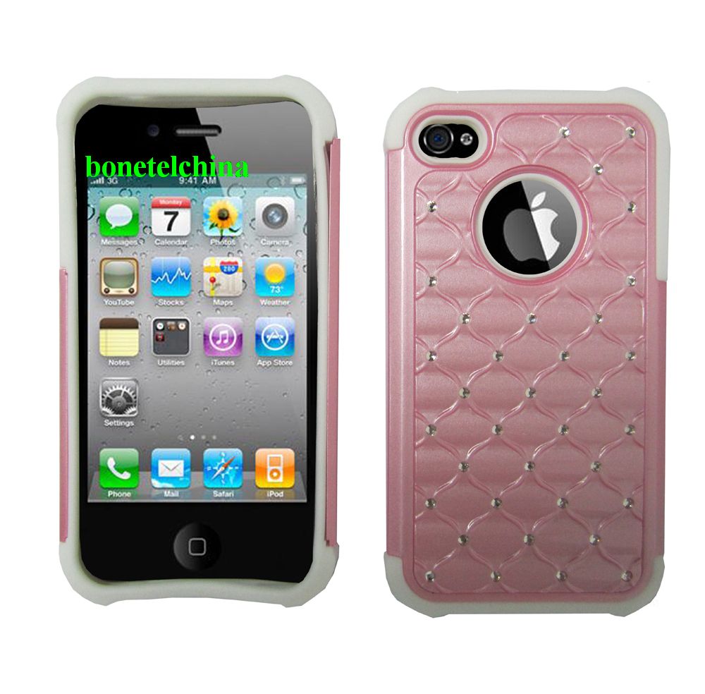 2 IN 1 SILICON+ PC HYBRID COMBO DIAMOND SHINY CASES FOR IPHONE 4 4S PINK&WHITE