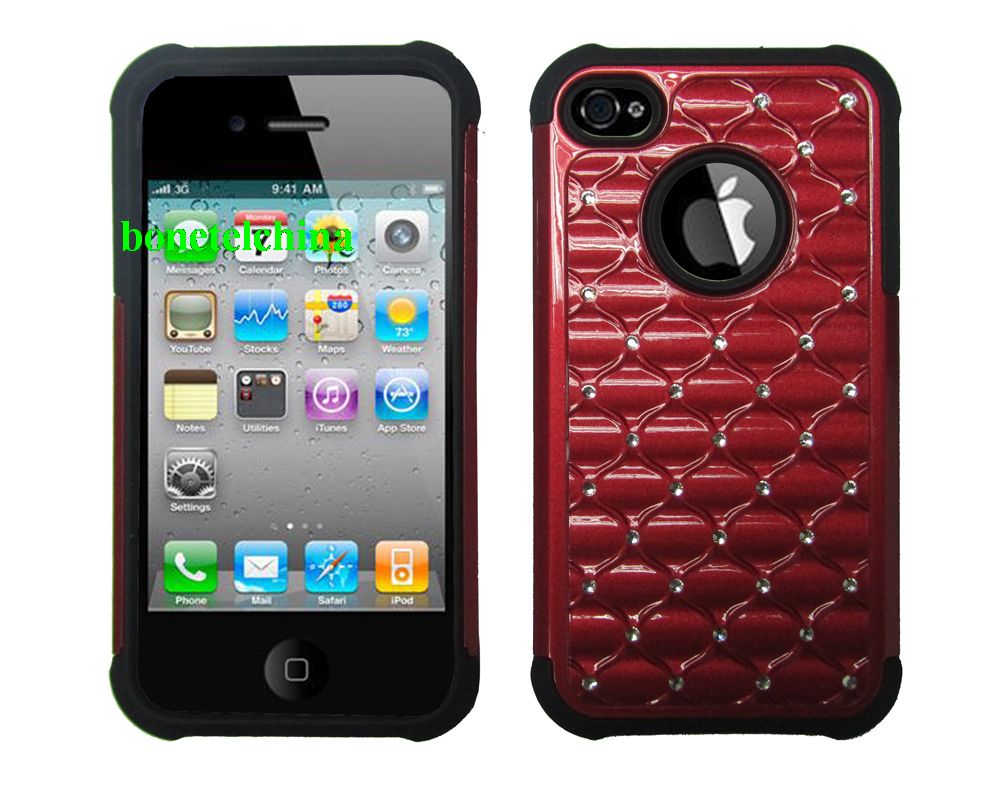 2 IN 1 SILICON+ PC HYBRID COMBO DIAMOND SHINY CASES FOR IPHONE 4 4S RED & BLACK