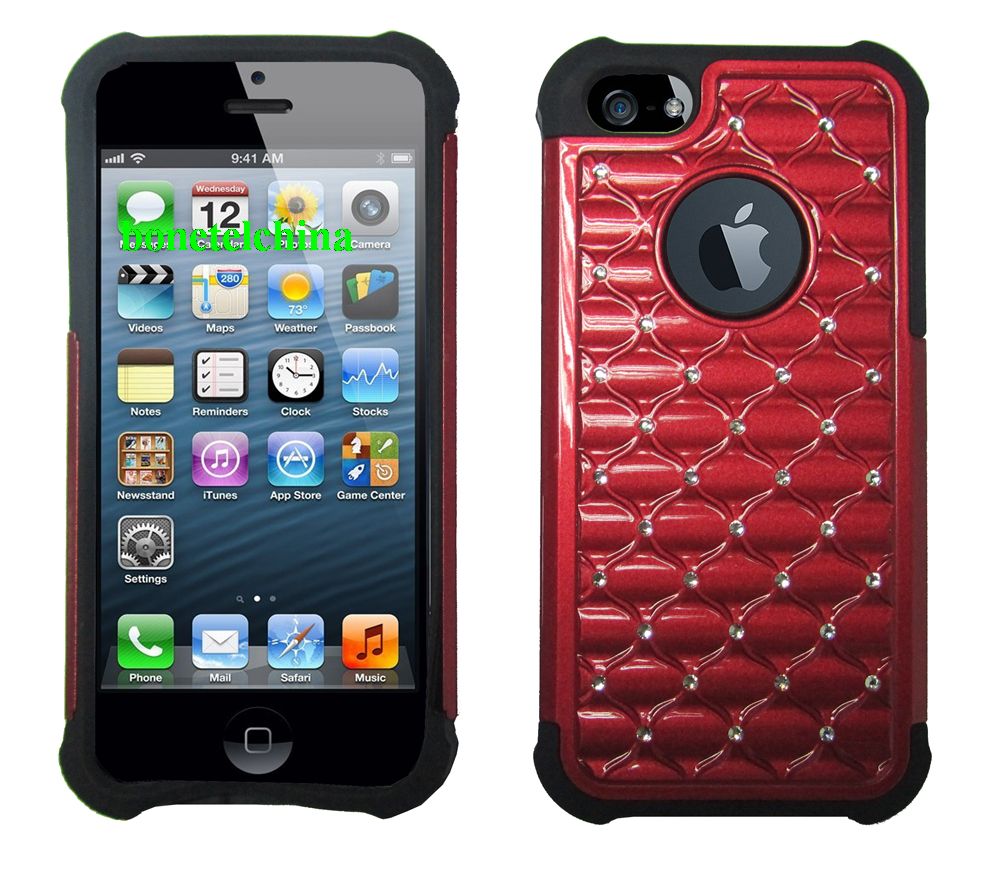 2 IN 1 SILICON+ PC HYBRID COMBO DIAMOND SHINY CASES FOR IPHONE  5 RED & BLACK