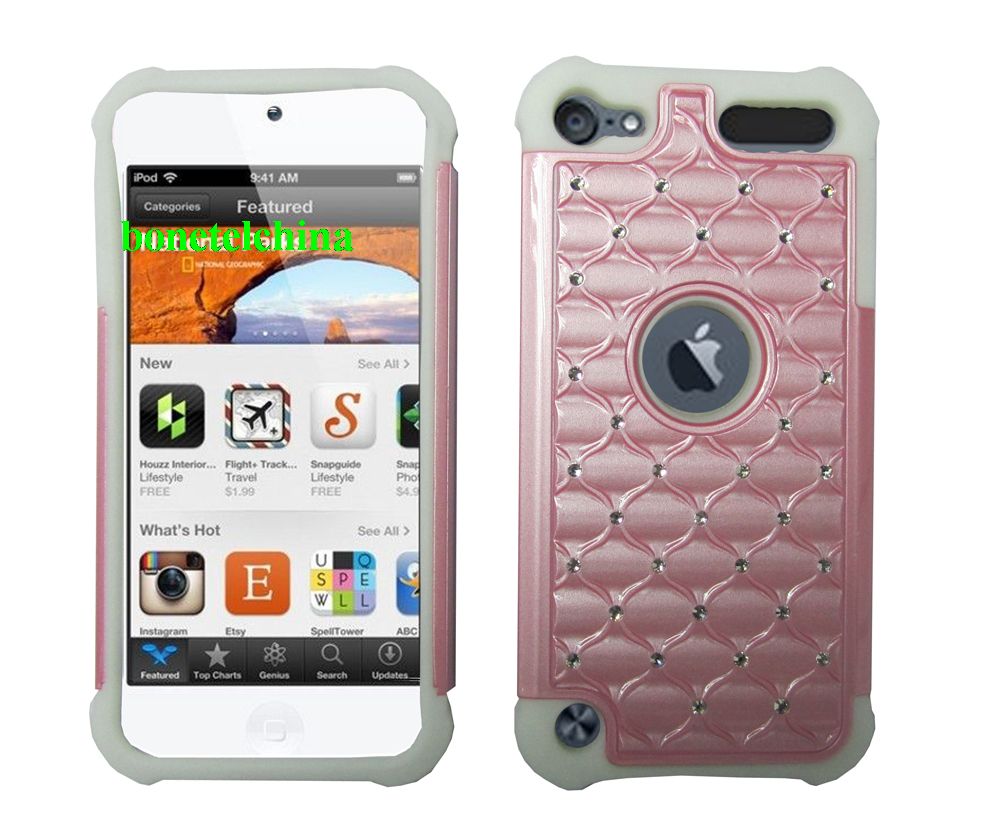2 IN 1 SILICON+ PC HYBRID COMBO DIAMOND SHINY CASES FOR IPOD TOUCH 5 PINK