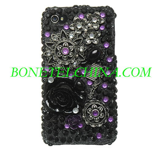 Caso de Diamante 3D completo - Desenho flor Preto para iPhone4