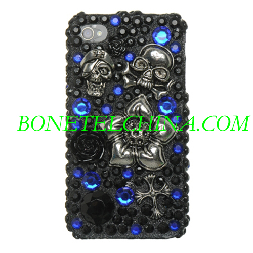 Caso de Diamante 3D completo - Desenho preto com dot azul e crânio para iPhone4