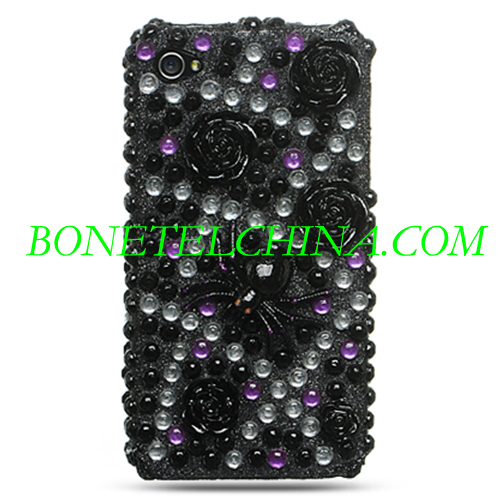 Caso de Diamante 3D completo - Desenho Preto com flor e Spider para iPhone4