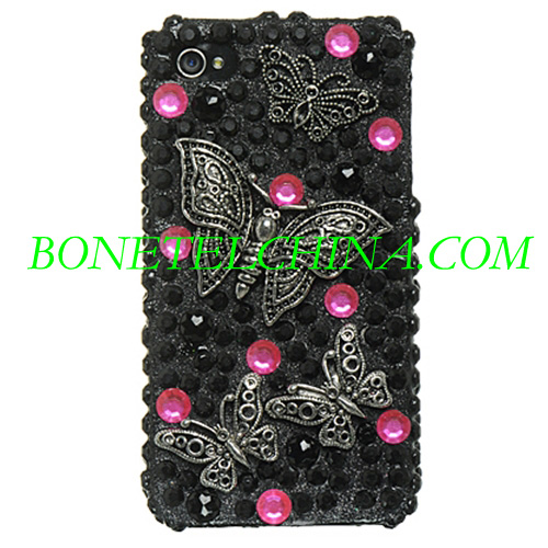 Caso de Diamante 3D completo - Desenho Preto com borboleta para iPhone4