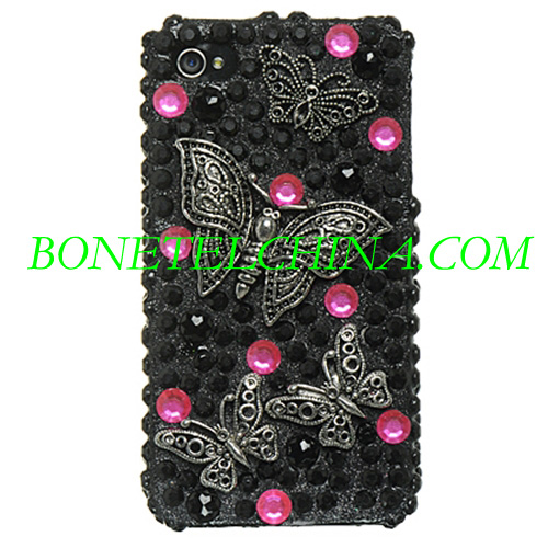 Apple iPhone 4 Case 3D Diamond completa - Negro con el Diseño de la mariposa