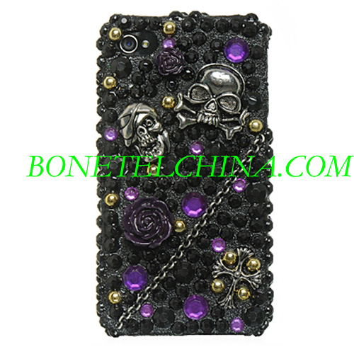 Caso de Diamante 3D completo - Desenho preto com dot roxo e crânio para iPhone4