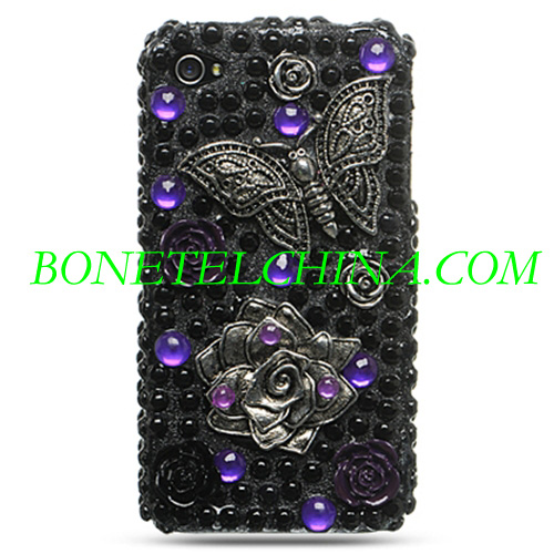 Apple iPhone 4 Case 3D Diamond completa - Negro con flores y diseño de la mariposa