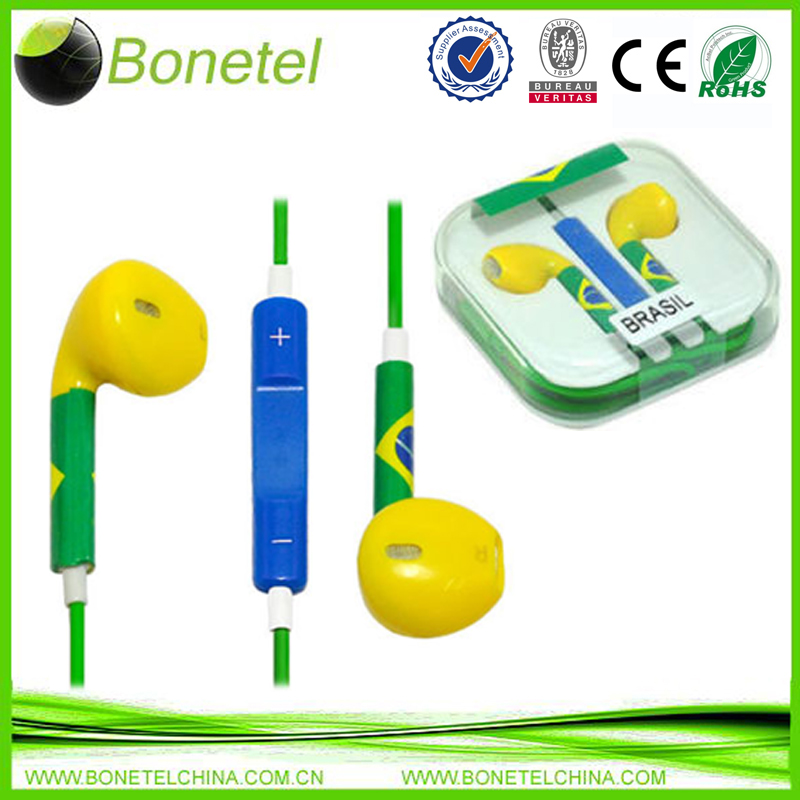 Brazil World Cup National Flag Pattern Design Headphone Earphone for iphone 5G/5S/5C