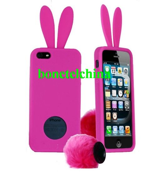 Bunny Rabbit Soft Case with Furry Tail for iPhone 5 - Hot Pink