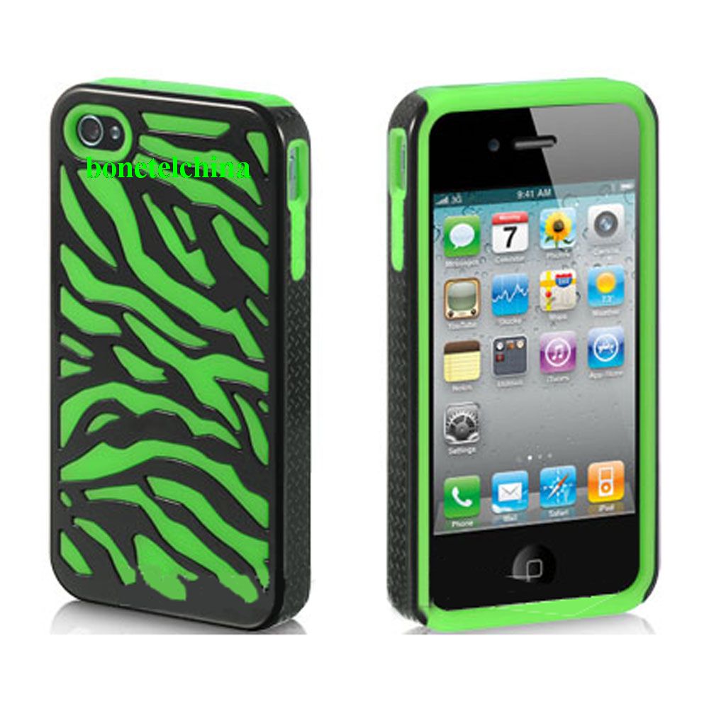 IPHONE 4S / IPHONE4 COMPATIBLE ETCH HYBRID CASE GREEN SKIN+BLACK ZEBRA