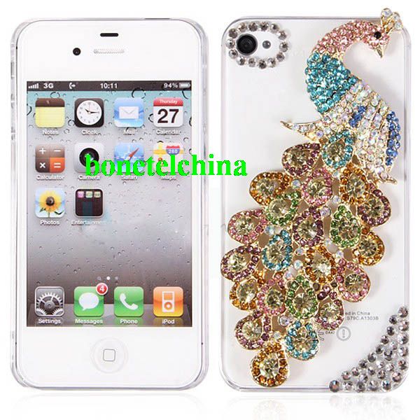 Luxury and Gorgeous Shiny Blue Peacock Diamond Clear Case Cover for iPhone 4/4S