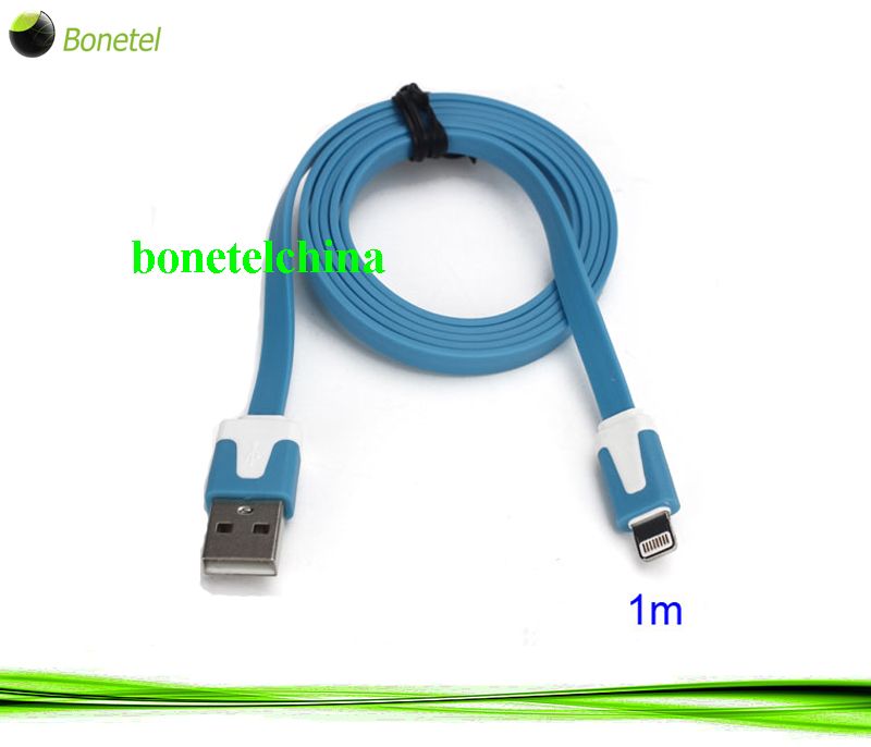 1M Two- color Noodle Flat USB Sync Data Charger Cable for iPhone 5 iPad 4 iPad Mini iPod Touch 5 Nano 7 - White blue