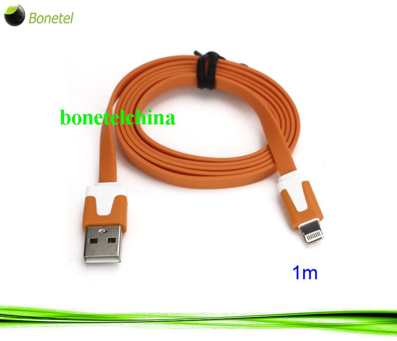 1M Two- color Noodle Flat USB Sync Data Charger Cable for iPhone 5 iPad 4 iPad Mini iPod Touch 5 Nano 7 - White Orange